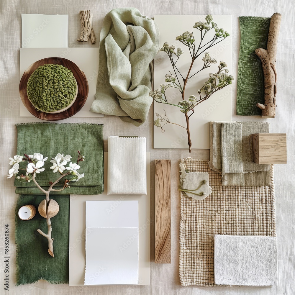 Interior design moodboard with natural materials, fabric swatches, and ...