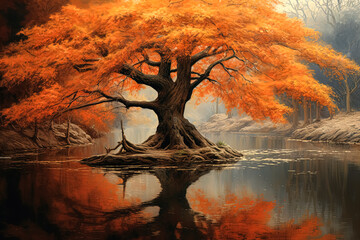 Wall Mural - A large tree with orange leaves is reflected in the water