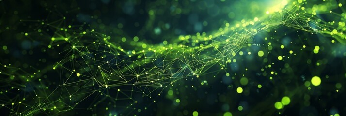 Abstract big data particles in neon green on a dark backdrop, forming complex geometric patterns