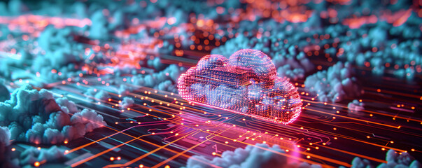 Wall Mural - Cloud computing technology concept with a glowing cloud symbol formed by network nodes above a circuit board with data traffic