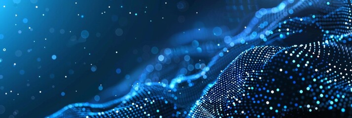 Abstract big data particles background with neon blue dots and lines on a dark gradient, creating a futuristic tech look