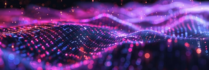 Futuristic tech background with bright pink data particles floating in dark space, creating a sleek design