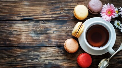 Sticker - Tea and Macarons on a Rustic Wooden Table