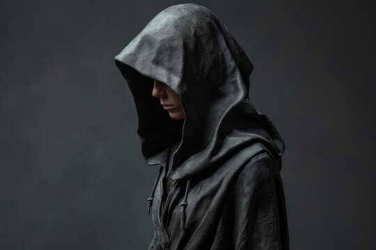 A hooded figure of dark draped fabric with a solemn expression on his face against a muted background.