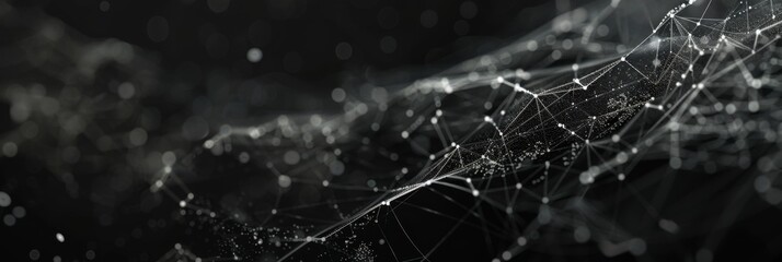 Dark background featuring intricate tech web patterns and subtle white particles, with plenty of free space for text