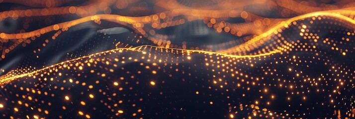 High-tech background with glowing yellow data particles forming abstract shapes on a dark gradient