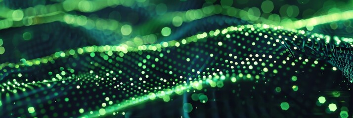 Big data particles background with intricate patterns of neon green dots on a dark backdrop, creating a high-tech look