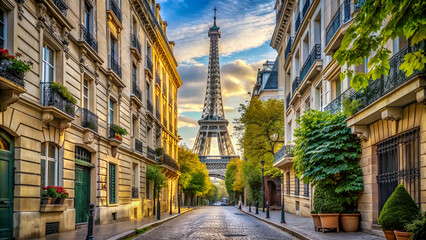Small Paris street with view on the famous Eiffel Tower in Paris, France.