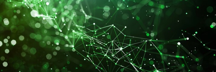 Dark background with intricate green tech web patterns and subtle white particles, providing a clean look with free space