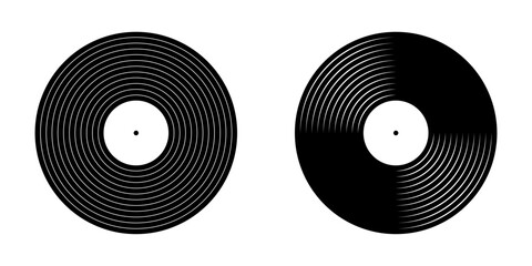 Black vinyl disc icons. Turntable LP or long play music records isolated on white background. DJ equipment for club techno party. 70s 80s 90d discotheque nostalgia design. Vector graphic illustration.