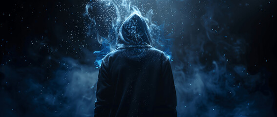 A mysterious hacker in the dark wearing a hood with blue glow and particles around him representing hacking and cybersecurity