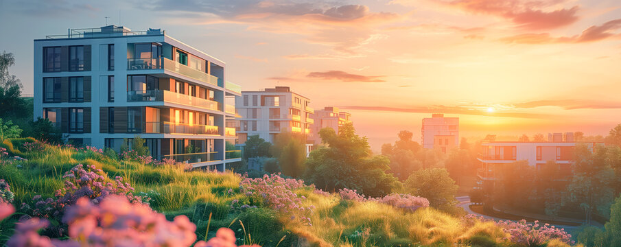 Abstract view of the city landscape on the sunset in Estonia. Apartment houses on the blooming field in natural park.