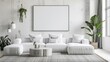 © Robby - An upscale and serene living room design with a white canvas backdrop, minimally adorned with tasteful furniture, Contemporary minimalist style