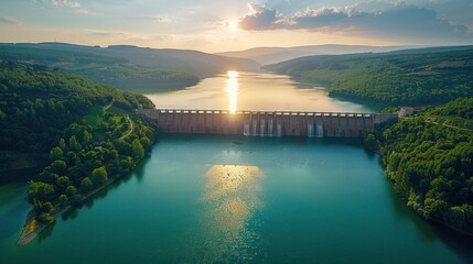 Wall Mural - Aerial View of a Dam and Reservoir at Sunset