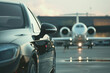 © Enrique - View of black luxury limousine car with private white jet in the background at the airport, private luxury escort