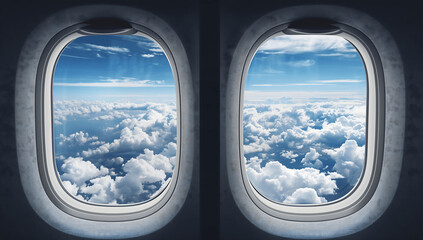 Two airplane windows with blue sky and clouds seen outside