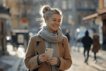 Wall Mural - A smiling Swedish woman in her early twenties wearing earphones and holding her phone