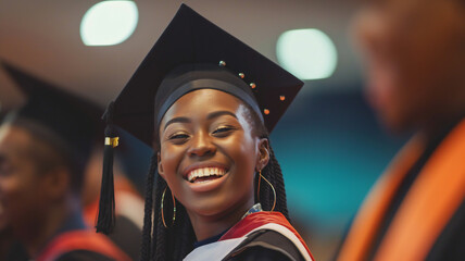 Wall Mural - A joyful graduate in cap and gown with braids smiles brightly during a graduation ceremony, highlighting her excitement and pride.