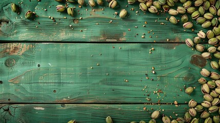 Green wooden background with pistachios
