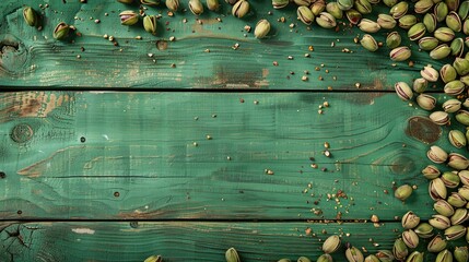 Wall Mural - Green wooden background with pistachios