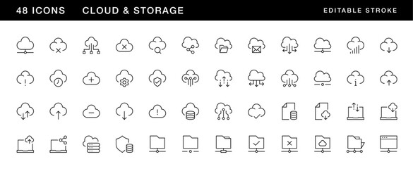 Cloud and storage icon collection. Database, storage, server, computing, system backup, cloud access, remote access and more. Editable stroke. Pixel Perfect. Grid base 32 x 32.