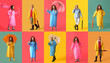 © Pixel-Shot - Group of people in stylish raincoats and with umbrellas on colorful background