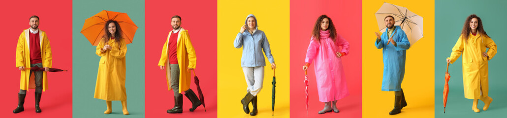 Sticker - Collage of people in stylish raincoats and with umbrellas on colorful background