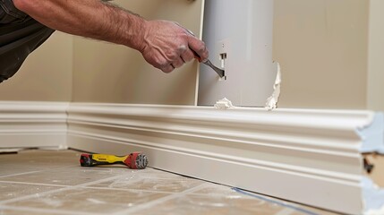 handyman repairs drywall and trim in a home interior. this image shows a person using a tool to patc