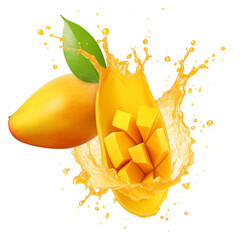 Wall Mural - Mango slice with mango juice splash isolated on transparent white background, clipping path