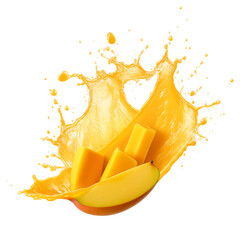 Wall Mural - Mango slice with mango juice splash isolated on transparent white background, clipping path