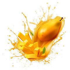 Canvas Print - Mango slice with mango juice splash isolated on transparent white background, clipping path