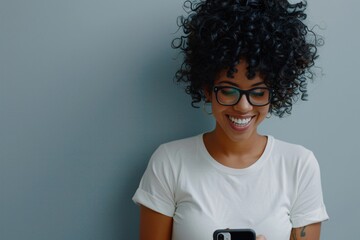 Canvas Print - woman with phone, smiling