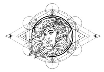 Wall Mural - Illustration of Pisces astrology sign as a beautiful girl over sacred geometry frame. Zodiac vector drawing isolated in black and white. Future telling, horoscope, spirituality. Coloring book.