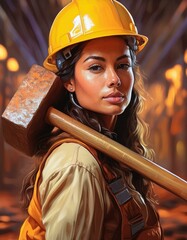 Portrait of a beautiful female worker with a yellow helmet and a large hammer on her shoulder.