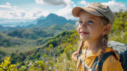 Wall Mural - A happy little girl with a backpack is standing in a grassland field, smiling with her hair blowing in the wind. She enjoys the natural landscape and leisure of the mountains AIG50