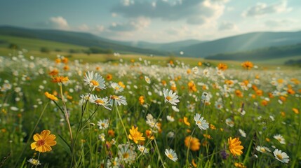Wall Mural - A field of flowers with a bright sun shining down on it
