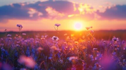 Wall Mural - Beautiful panoramic natural landscape with a beautiful bright textured sunset over a field of purple wild grass and flowers. AI generated