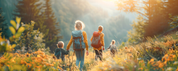 Wall Mural - Father and his two kids having a good time in recreation in nature. Family leisure and vacation concept.