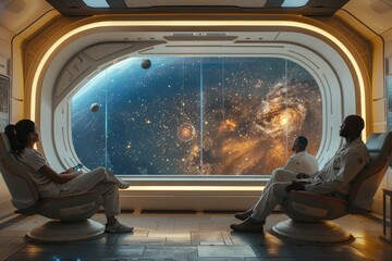 Wall Mural - Two people are sitting in front of a computer monitor that shows a galaxy