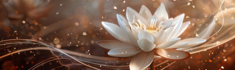 Wall Mural - Lotus white light with pearls on a sparkly background. Close-up of a water lily flower with buds .Image for wedding invitations, packages, and cards. 3D rendering.
