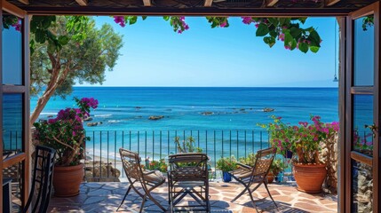 Wall Mural - A beautiful view of the ocean with a patio overlooking it