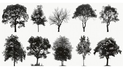 Collection of silhouettes of trees of different species on white background.  Hyperdetailed. UHD. super detailed