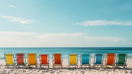 Colorful beach chairs lined up, overlooking calm ocean, clear sky, and sandy beach