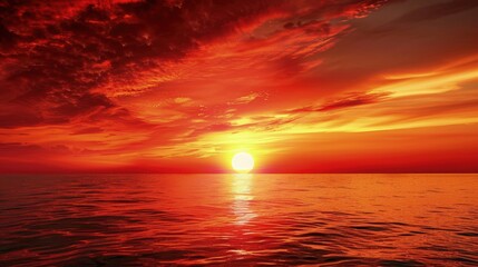 Wall Mural - Glowing sunset over calm ocean with dramatic red and orange sky