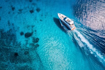Wall Mural - Aerial drone view of the speed boat in clear blue sea in summer 