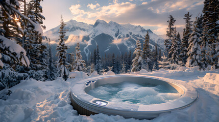 Wall Mural - Hot tub surrounded by snowy forest, mountains in the background