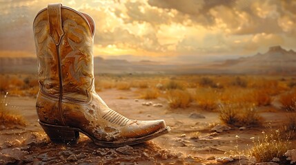 Wall Mural - A worn cowboy boot in a barren landscape under a dramatic sky.