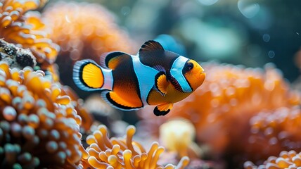 Close-up of a colorful clownfish swimming among coral reefs, showcasing vibrant marine life in its natural habitat.