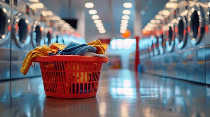 Wall Mural - A red basket full of clothes sits on a floor in a laundromat