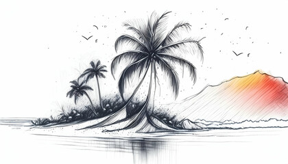 Wall Mural - Minimalist sketch perspective a tropical island stretching, Drawing pen with oil pastels on digital art concept.